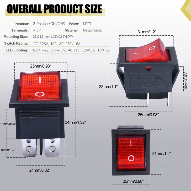 Twidec/2Pcs Rocker Switch AC 10A/125V 6A/250V DPST 4 Pins 2 Position ON/Off Red LED Light Illuminated Boat KCD4 Rocker Switch Toggle KCD2-201N-R - Image 2